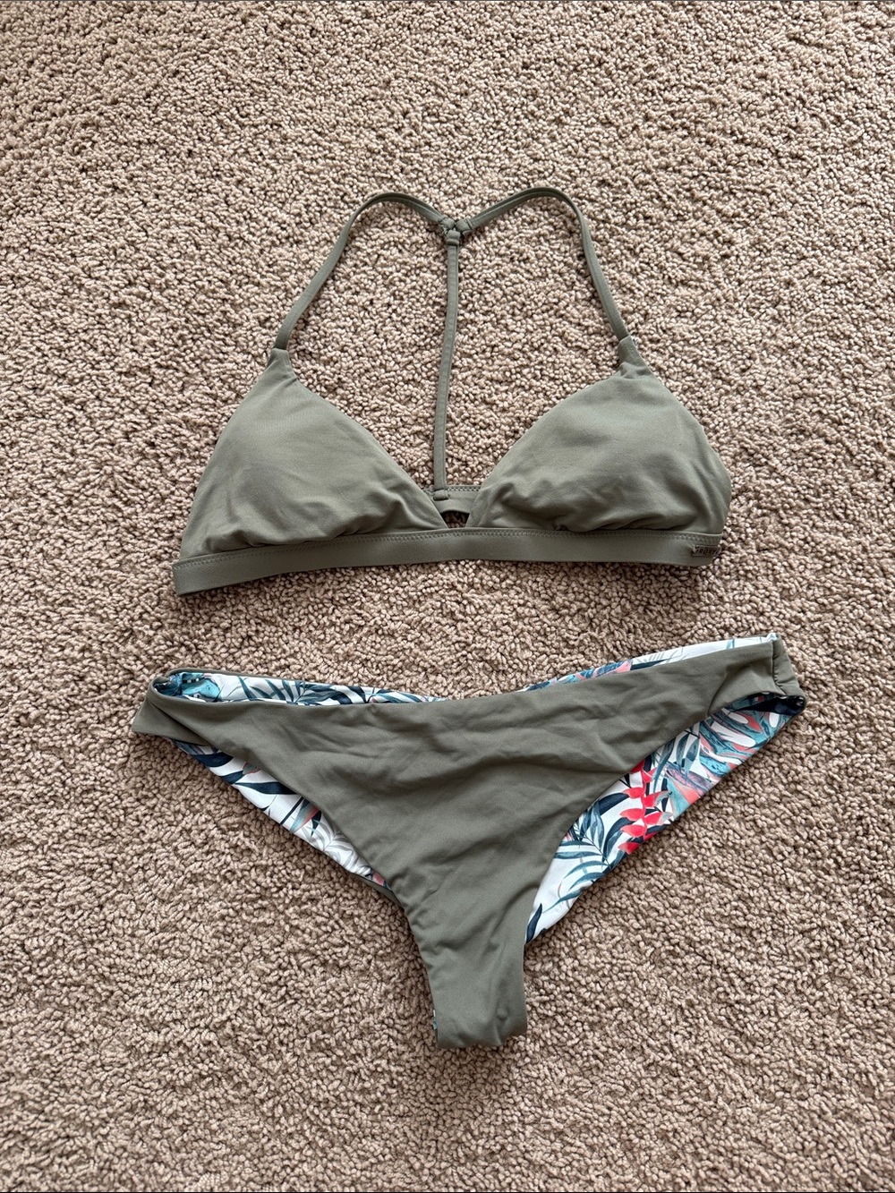 Roxy | Olive & Tropical Leaf, Reversible, Triangle Bikini Set | M - Picture 3 of 4